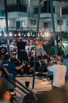 Male athletes perform pull-ups at an outdoor night fitness event in Kuşadası, Türkiye.