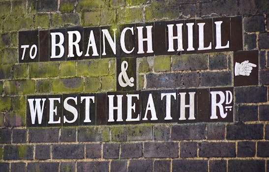 Vintage street sign directing to Branch Hill and West Heath Road in Hampstead.