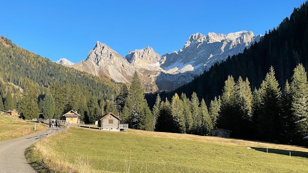 Beautiful alpine scene with cabins, trees, and mountains on a sunny day.