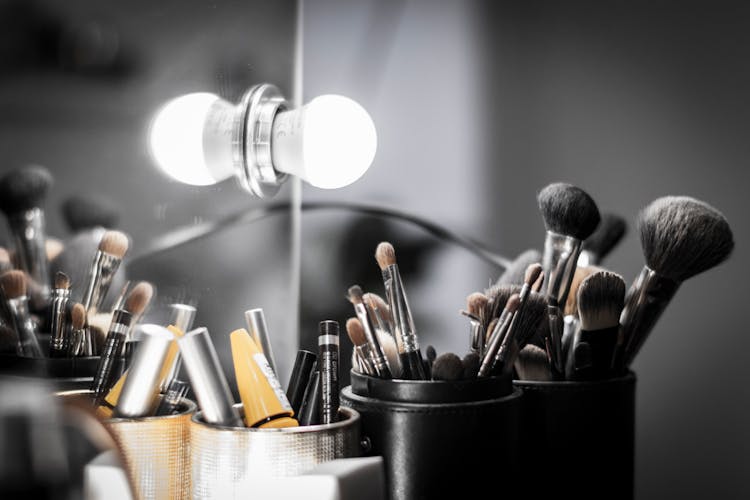 Makeup Brushes In Black Bucket