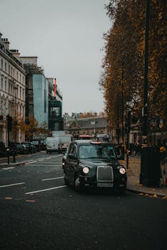 一辆黑色伦敦出租车行驶在一条环绕着秋叶的历史街道上