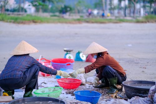 Free Two Vietnamese fish traders working at a beachside market in Da Nang. Stock Photo