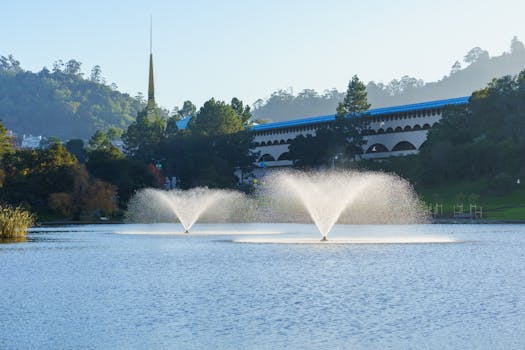 Peaceful scene of fountains in a lake with hills and building in the background.