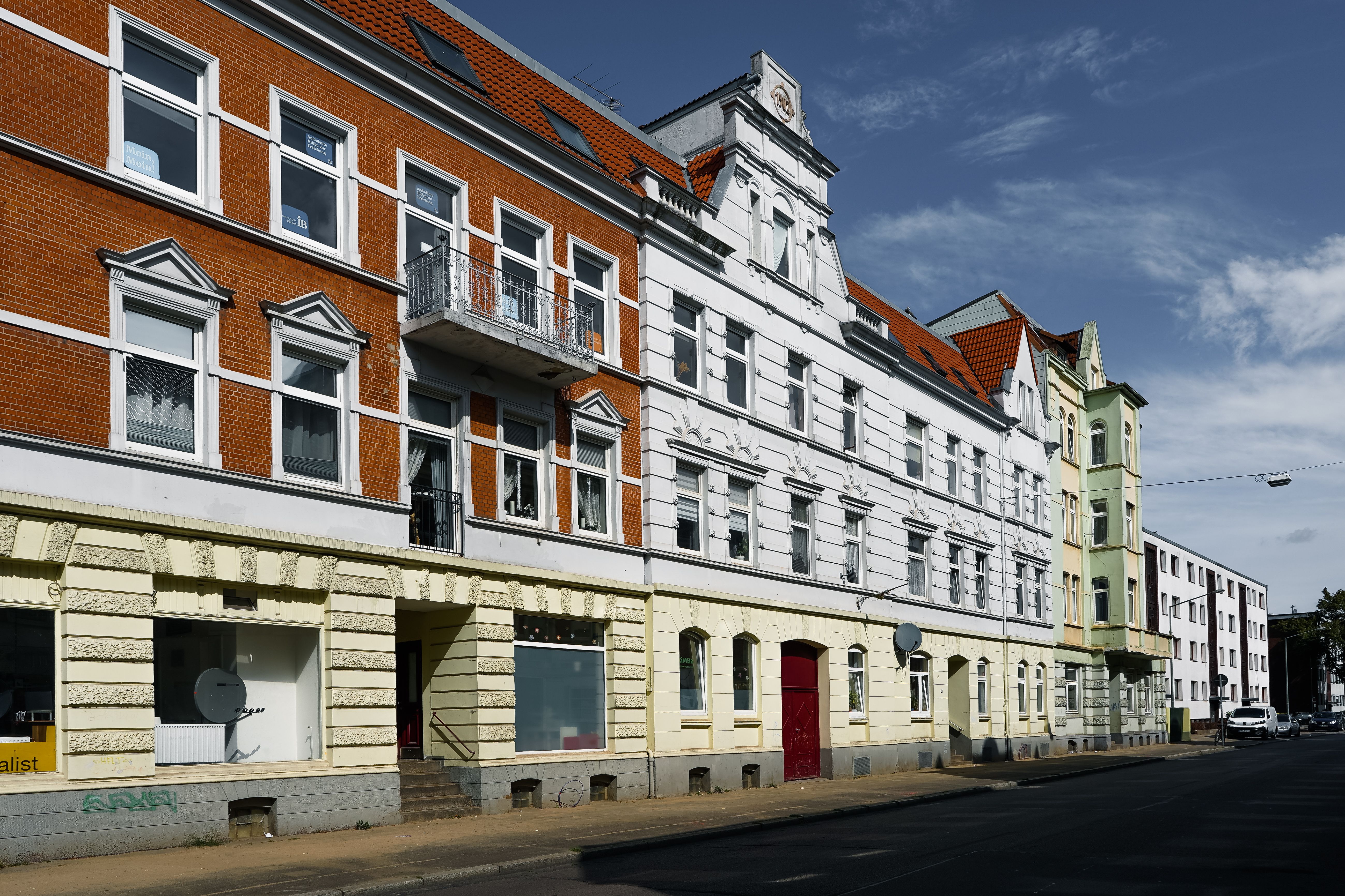 Charming old facades of Neumünster, Schleswig-Holstein, showcasing diverse architecture.