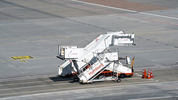 Passenger boarding stairs parked on the tarmac at Hamburg Airport, Germany.