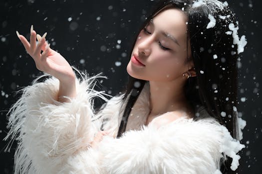 Stunning portrait of a woman in a white coat with snowflakes, capturing winter elegance.