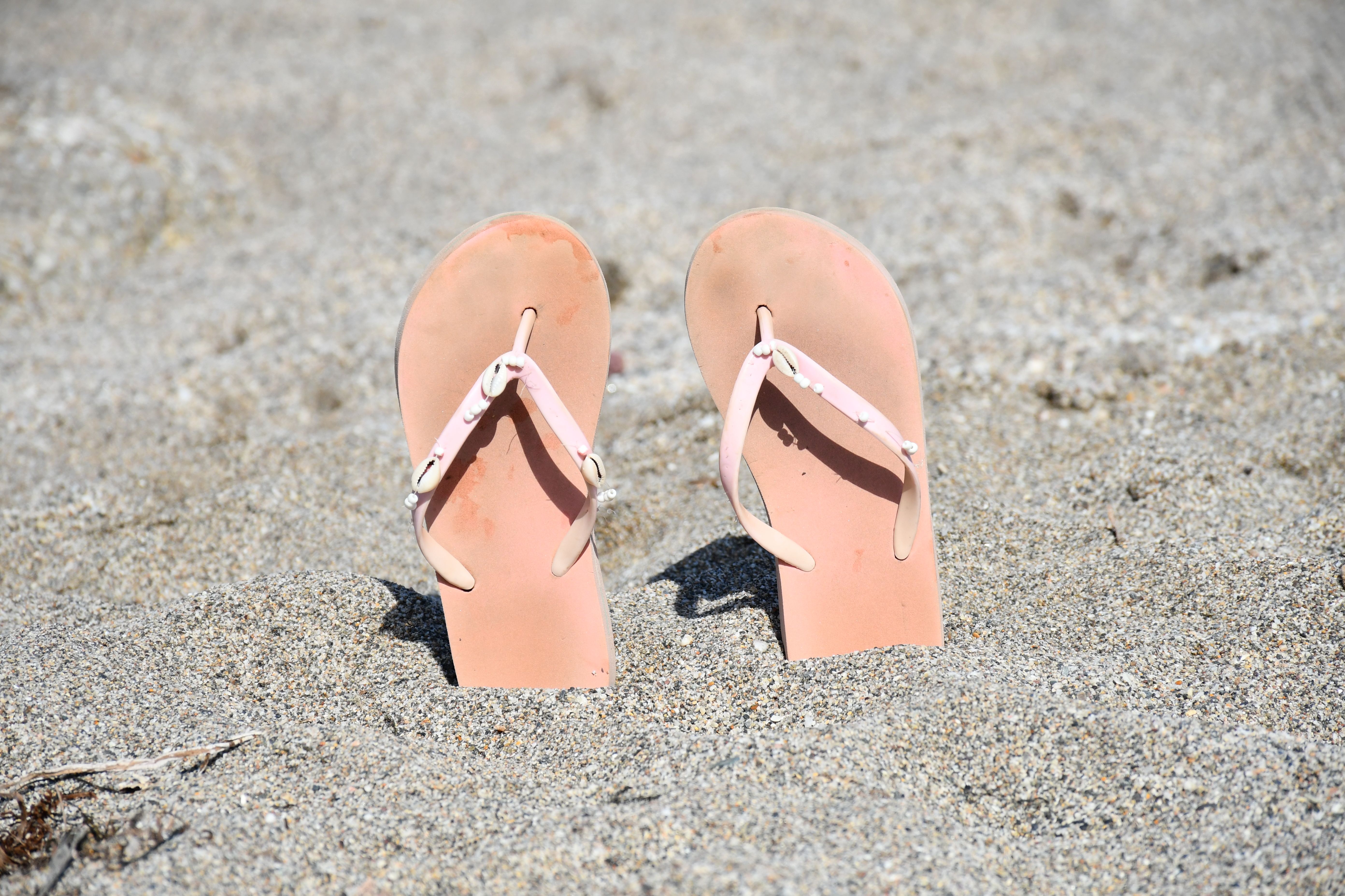 Pink Flip Flops Buried in Sandy Beach · Free Stock Photo