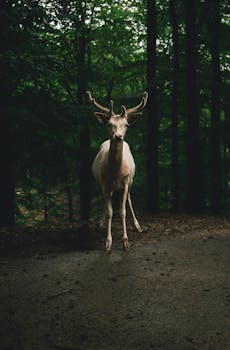 一头长着鹿角的白鹿平静地矗立在德国郁郁葱葱的森林中，令人惊叹，捕捉到了野生动物的本质
