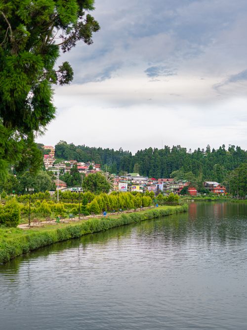 Free Tranquil landscape of Mirik Lake with lush greenery and surrounding hills in West Bengal, India. Stock Photo
