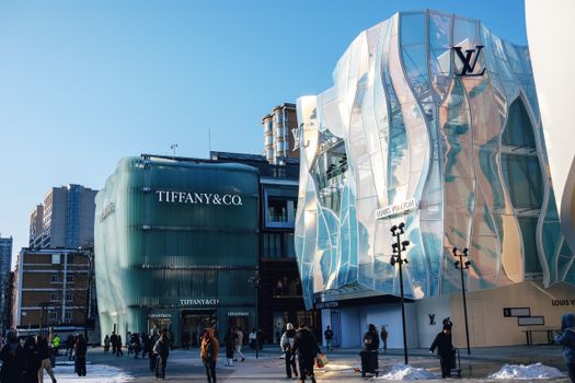 Outdoor view of Tiffany & Co and Louis Vuitton stores in a bustling city plaza.