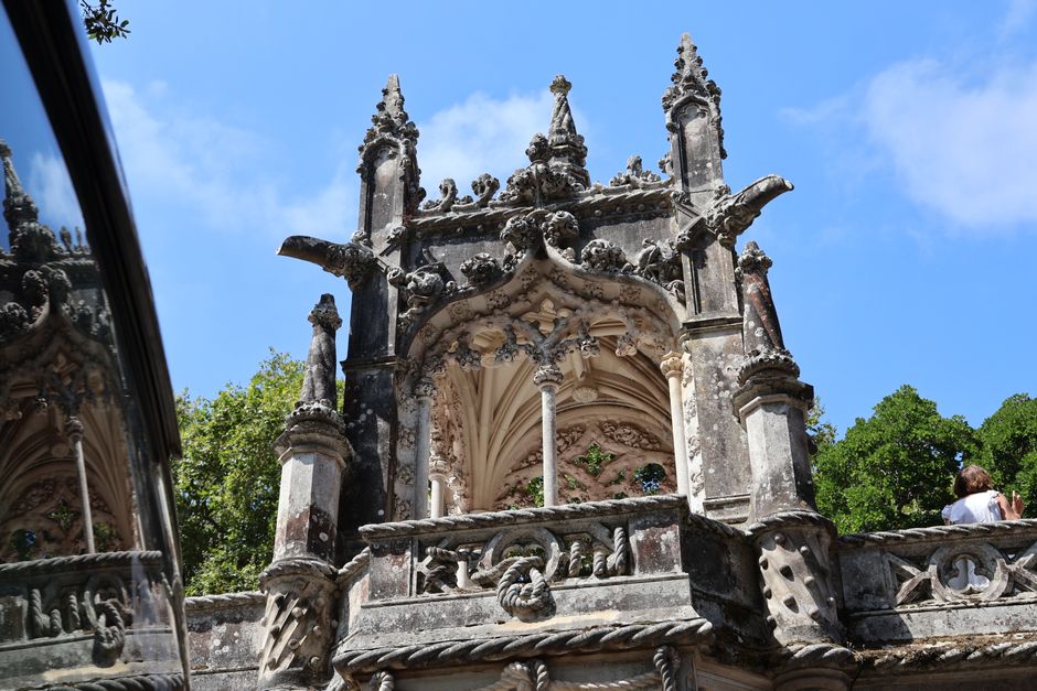 A close-up of the intricate details of Quinta da Regaleira's architecture.
