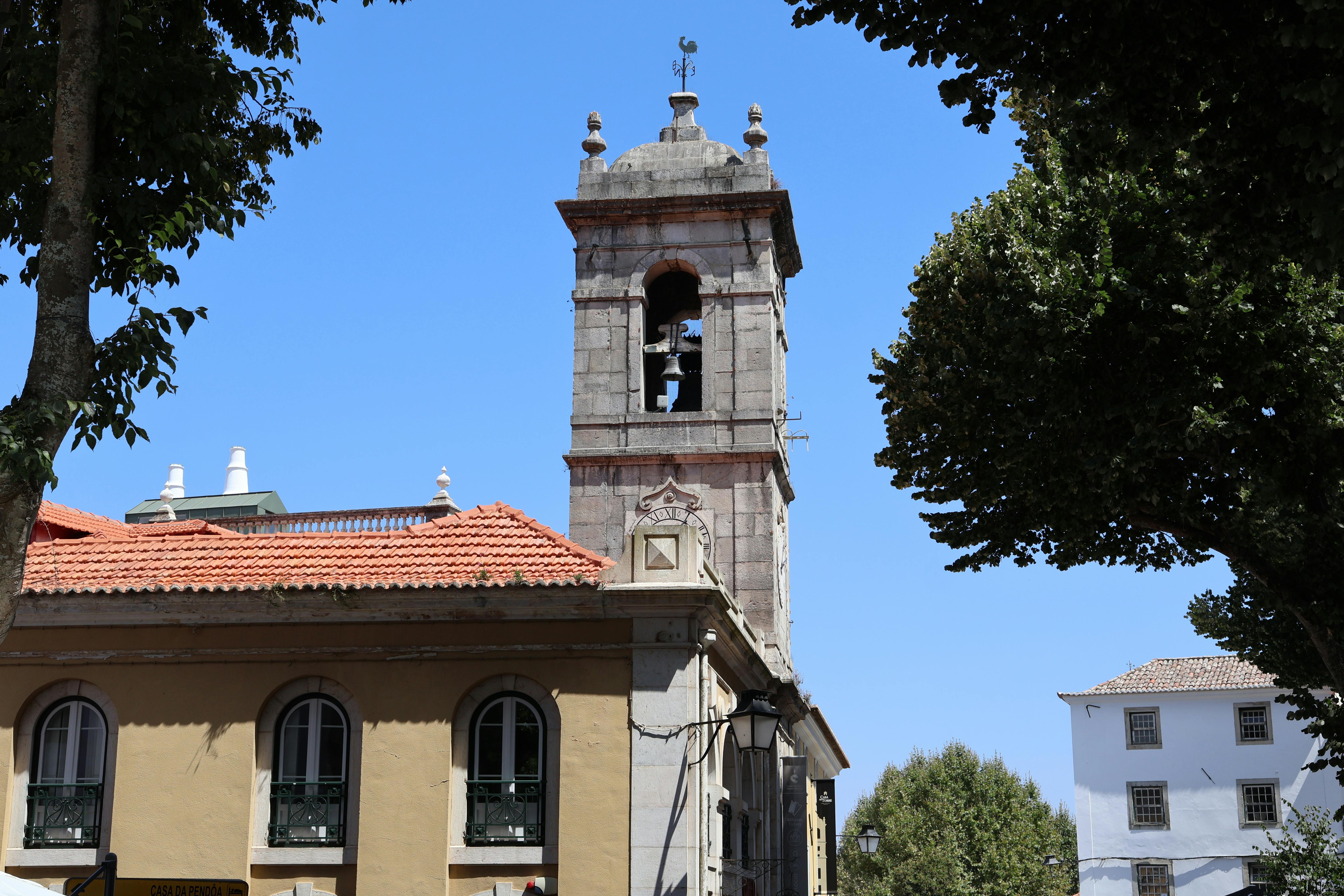 A historic church bell tower on a bright day, framed by trees and sky, showcasing European architecture.