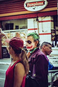 在充满活力的城市里，滑稽的街头表演者正在表演