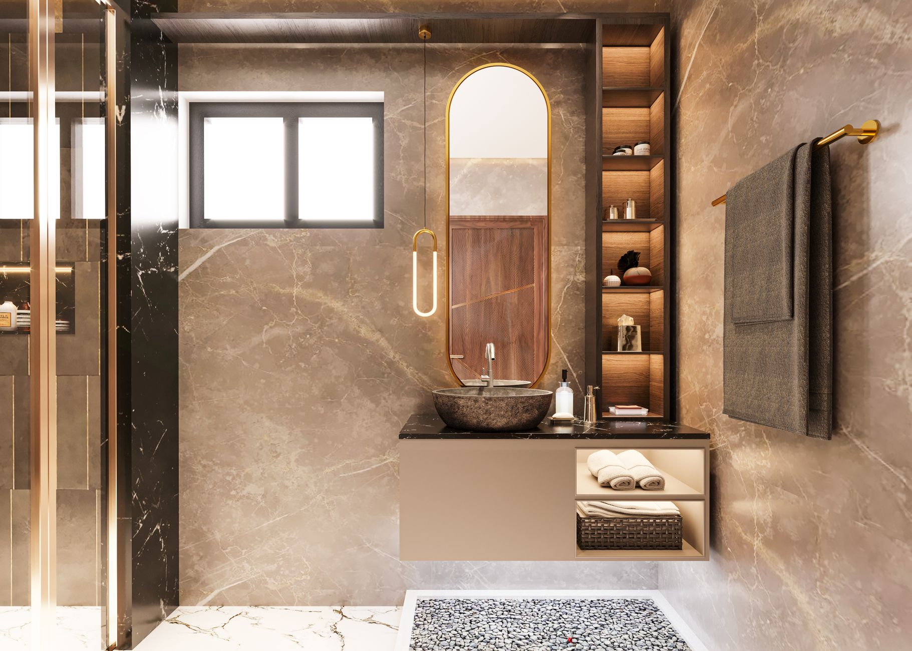 Elegant bathroom featuring marble finish, oval mirror, and stylish lighting. Ideal for modern interior design inspiration.