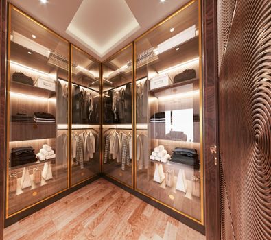 Elegant walk-in closet with glass doors, showcasing modern interior design and organized fashion storage.