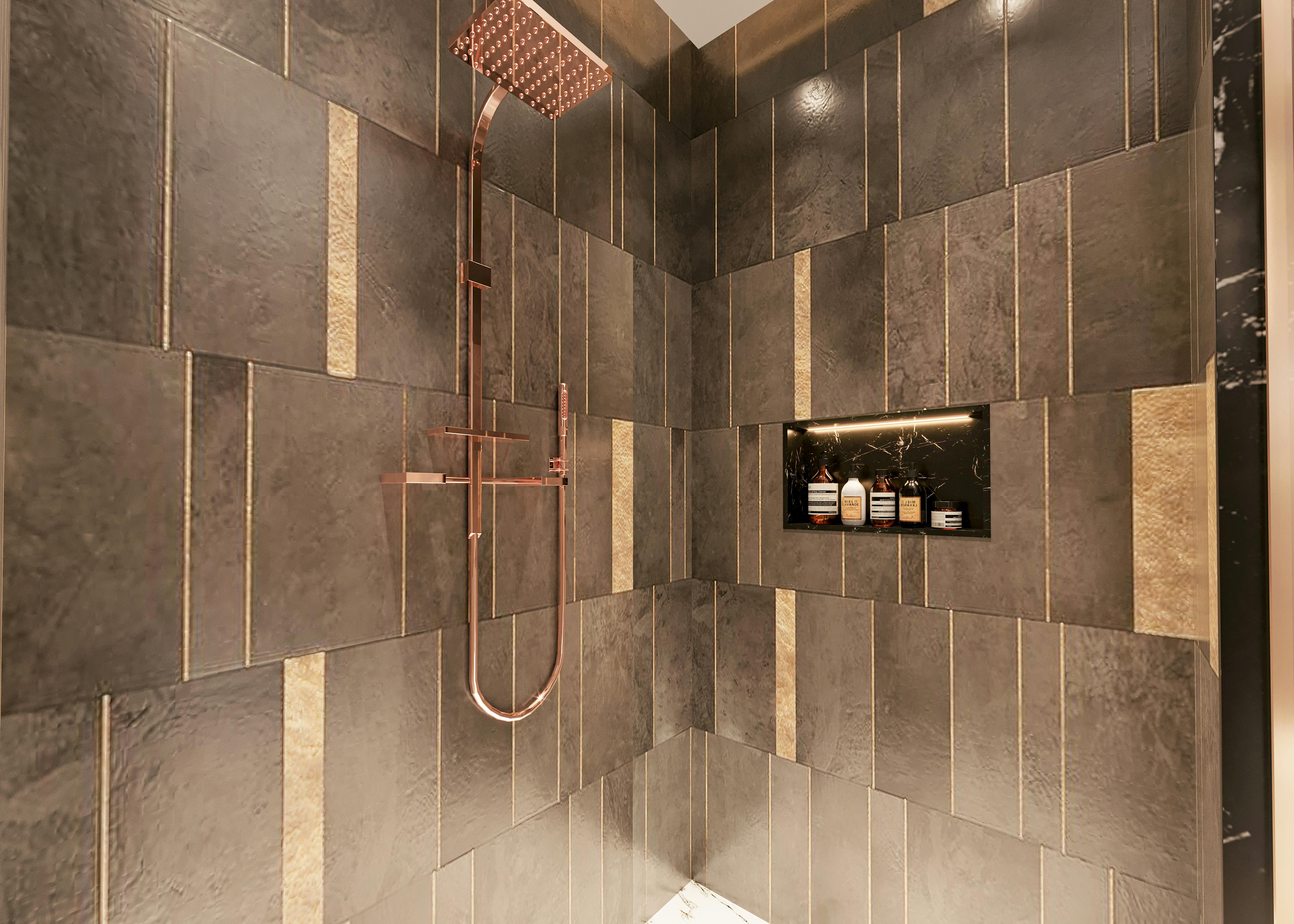 Recessed Niche Storage In A Shower With Contrasting Tile Design