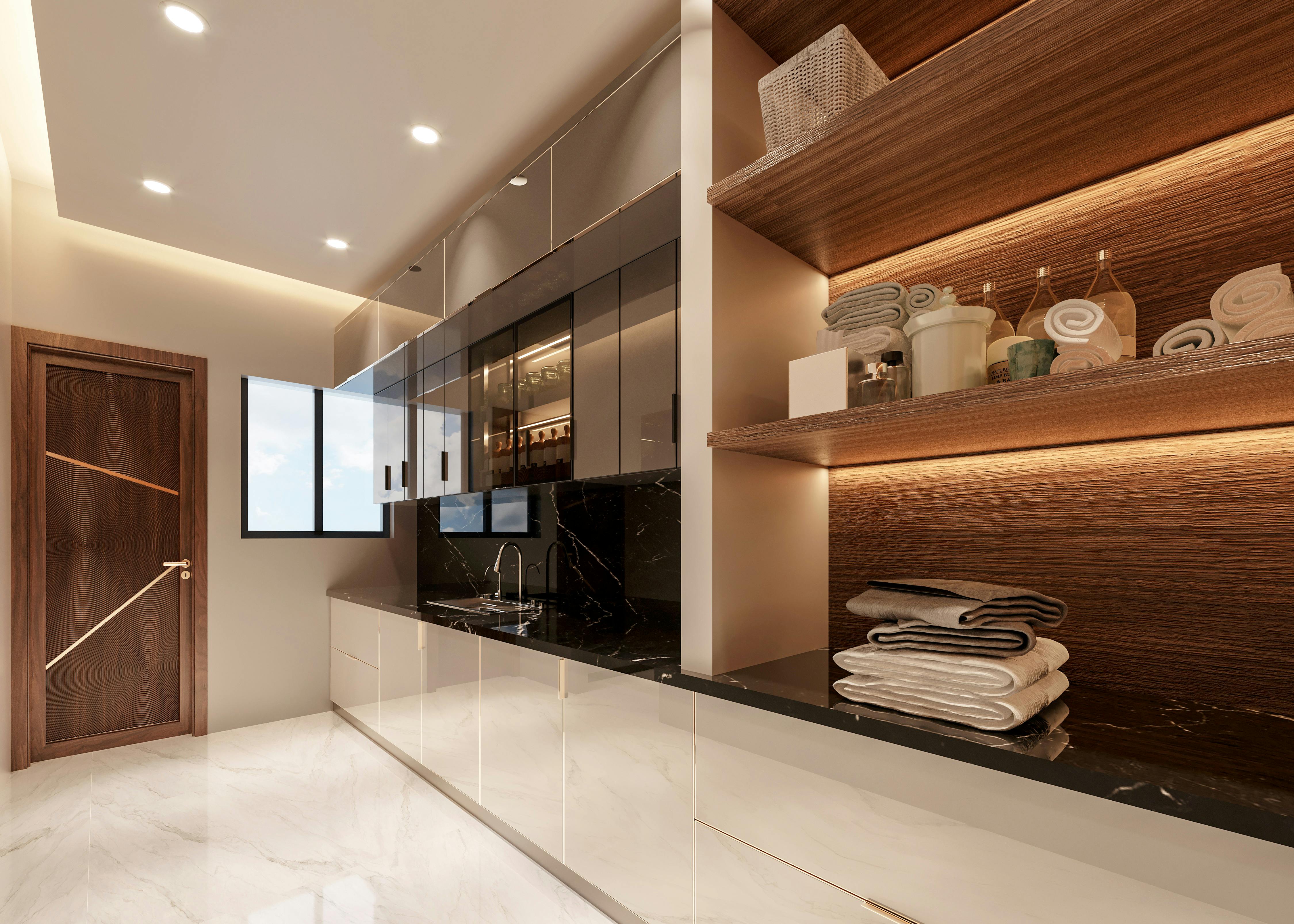 Estantes de cocina organizados con utensilios y alimentos