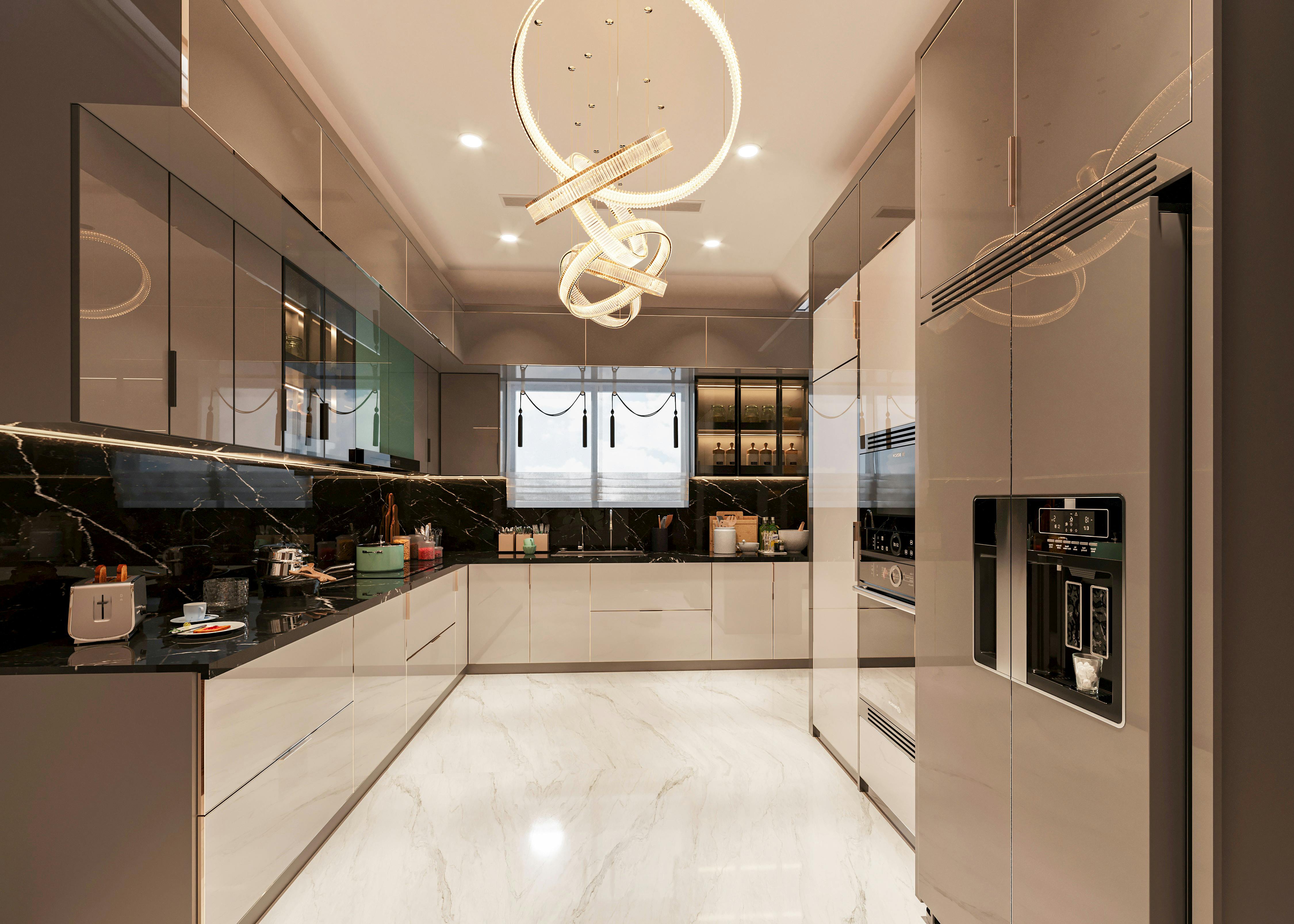 Elegant and modern kitchen featuring sleek cabinetry, marble floors, and stylish lighting.