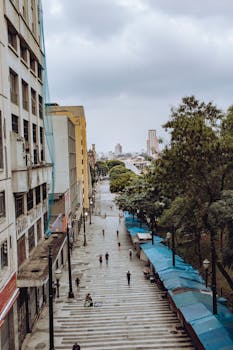 从高处俯瞰白天城市街道的景象，周围有人、树木和高层建筑