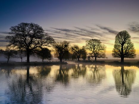 A tranquil scene of trees reflecting in a UK lake at sunrise, enveloped in mist.
