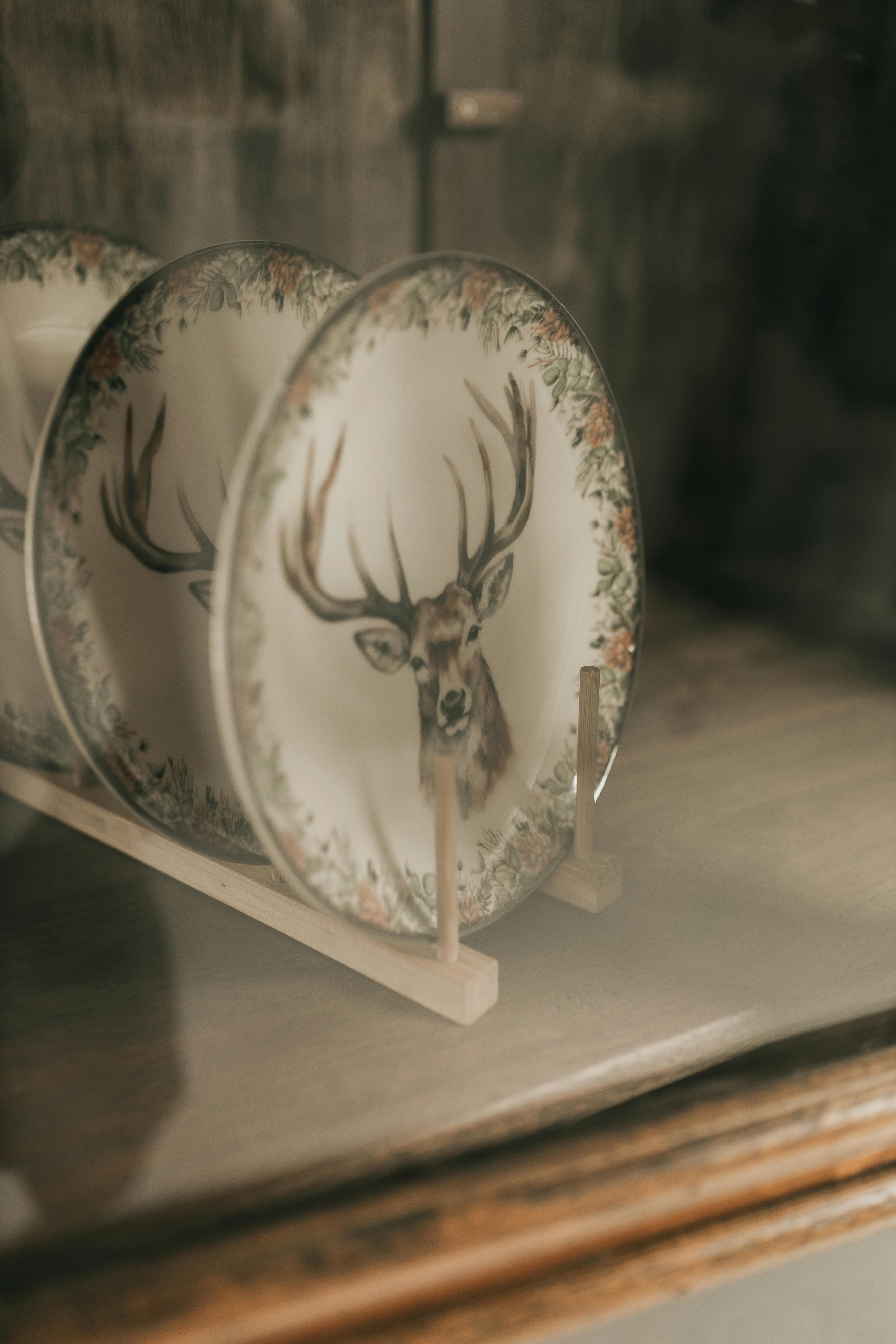 Elegant deer-themed plates in a rustic setting evoke nature's beauty and classic charm.