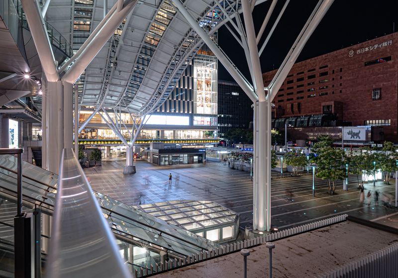 Fukuoka urban nightscape at Hakata Station — the commercial heart of Kyushu's largest city
