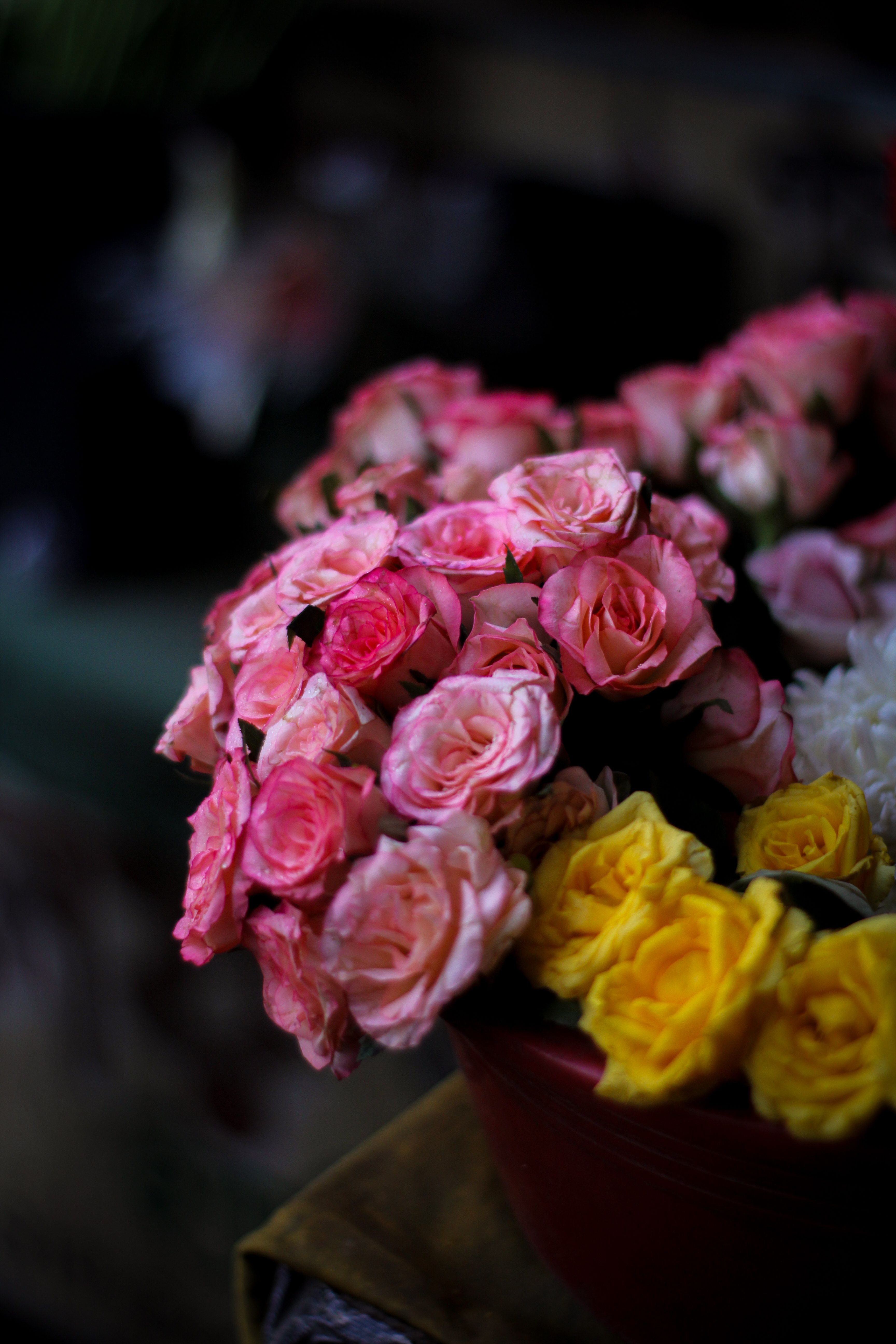 [ColoSach]-colorful-bouquet-of-pink-and-yellow-roses-with-a-dark,-moody-background.