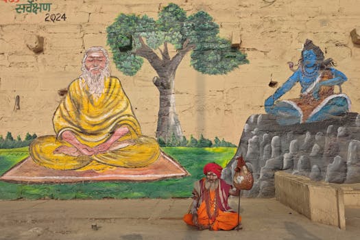 Un Sadhu siede accanto ai vivaci murales di Varanasi, catturando l'essenza spirituale della città.