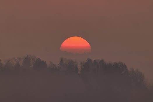 Breathtaking sunset scene with the sun setting over a misty forest, creating a tranquil atmosphere.