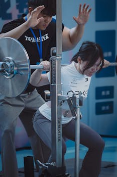A personal trainer helps a woman during a weightlifting exercise at the gym.