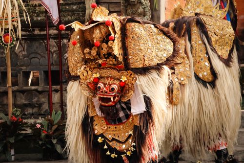 Free Colorful Barong dance costume from Bali, showcasing rich cultural heritage and traditional artistry. Stock Photo