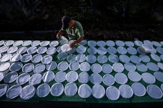 A person carefully arranges rice papers on a mat for drying under sunlight.