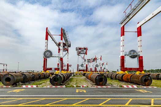 View of a shipping yard with heavy machinery and industrial pipes under a cloudy sky.