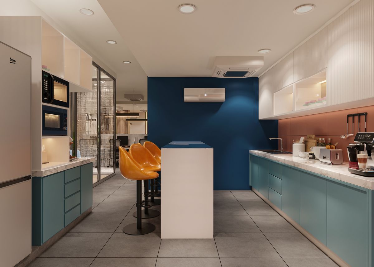 Modern blue and white kitchen with island