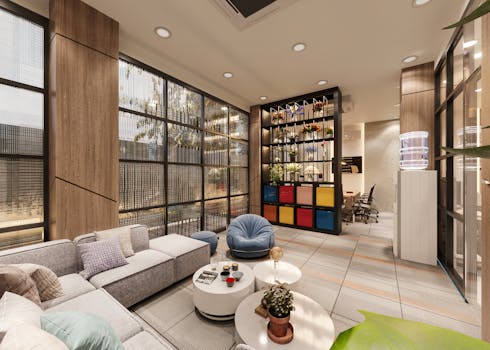 Cozy office lounge featuring modern furniture, large windows, and vibrant decor.