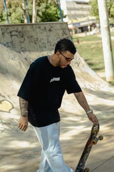 A man in streetwear skateboarding at a sunny São Paulo skatepark.