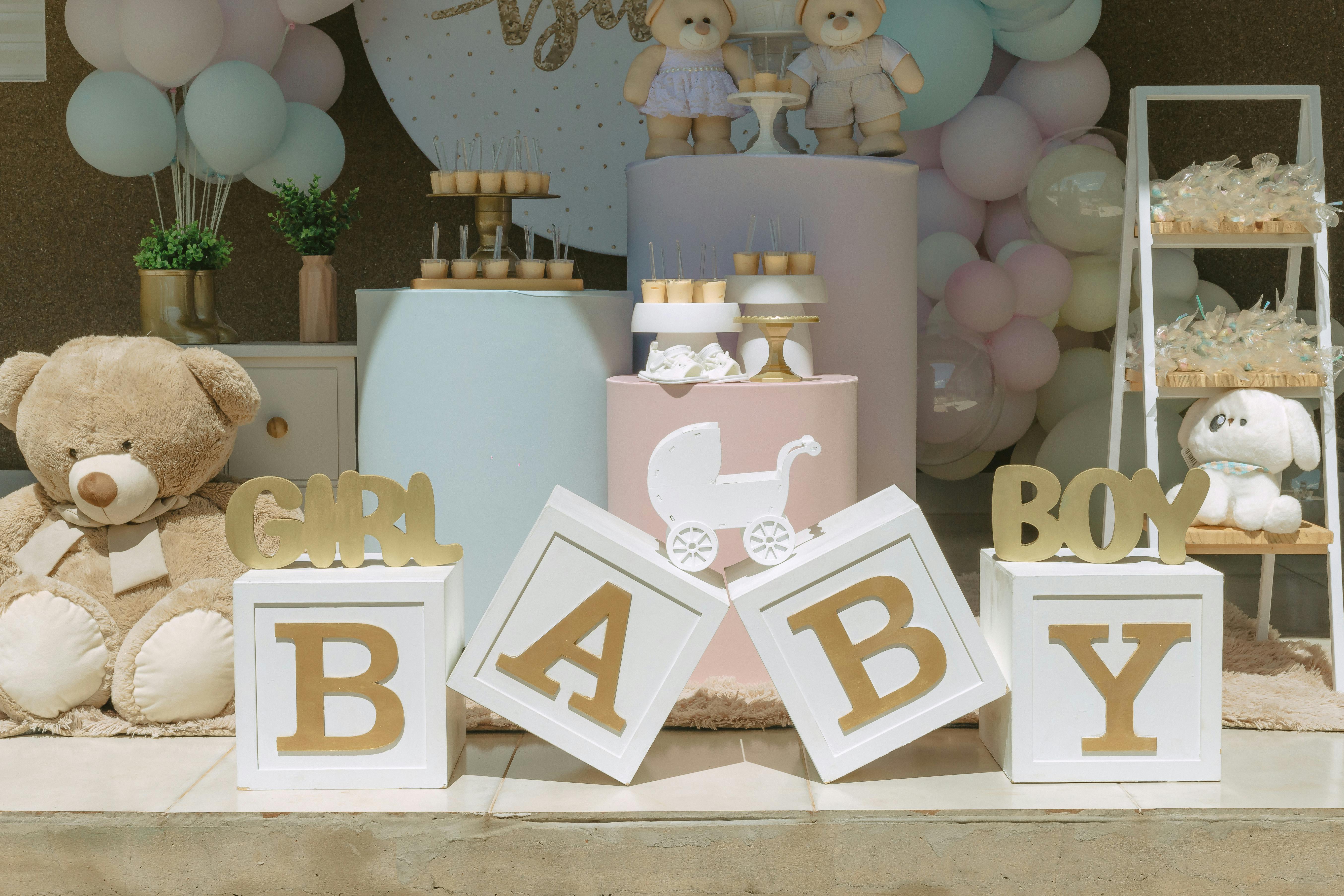 Celebrate the joy of new beginnings with this charming baby shower setup featuring pastel decor and teddy bears.