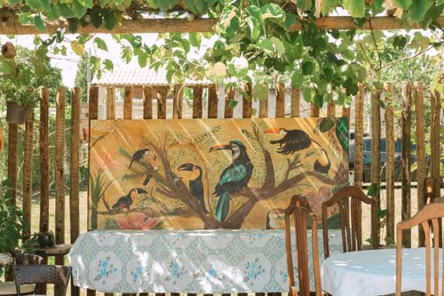 Free Charming outdoor setting with vibrant toucan mural under a leafy canopy in Brazil. Stock Photo