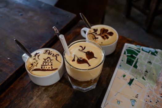 Three coffee cups with artistic designs and a map placed on a rustic wooden table.