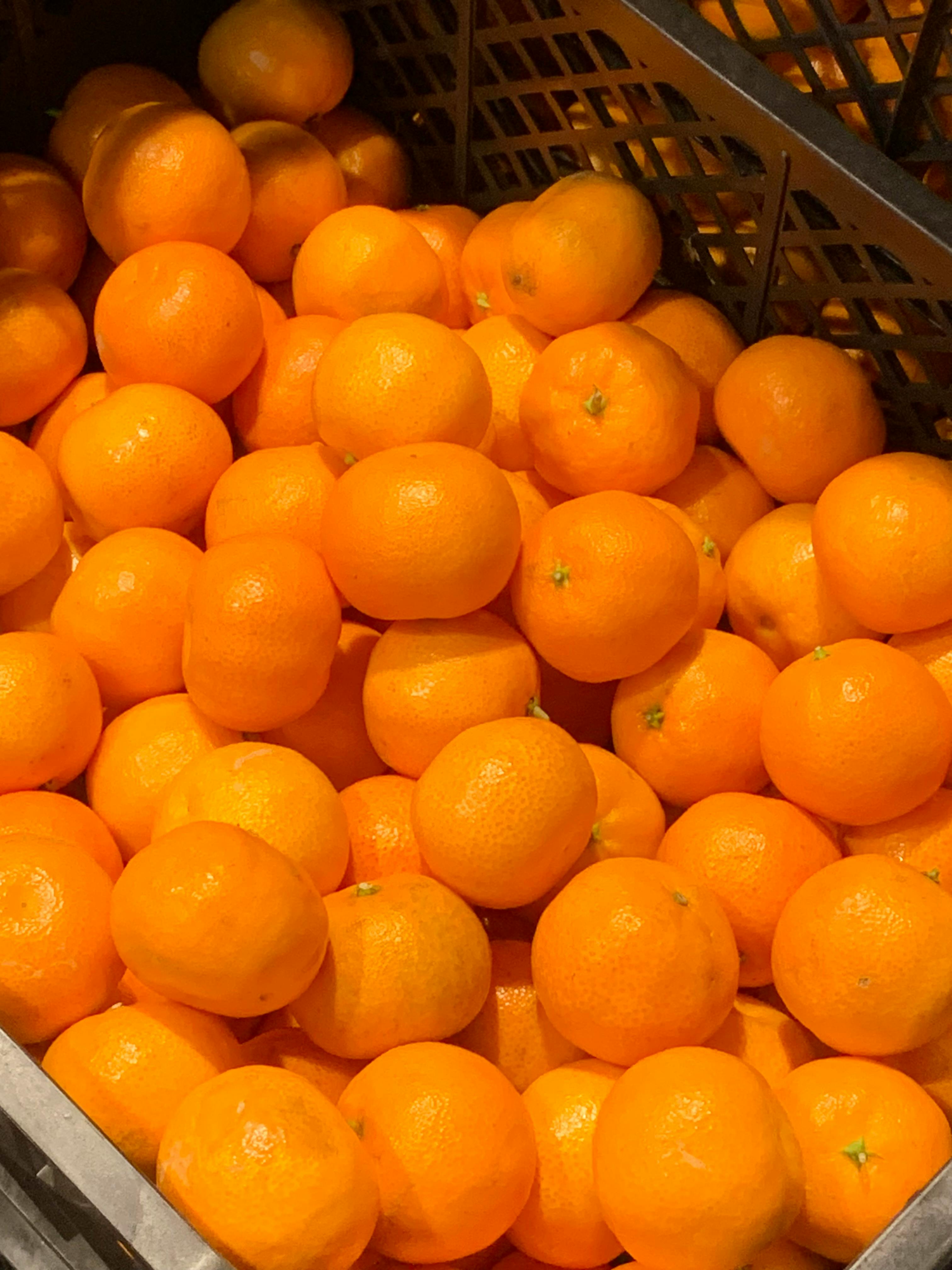 Vibrant heap of fresh oranges in a grocery display bin, perfect for healthy living themes.