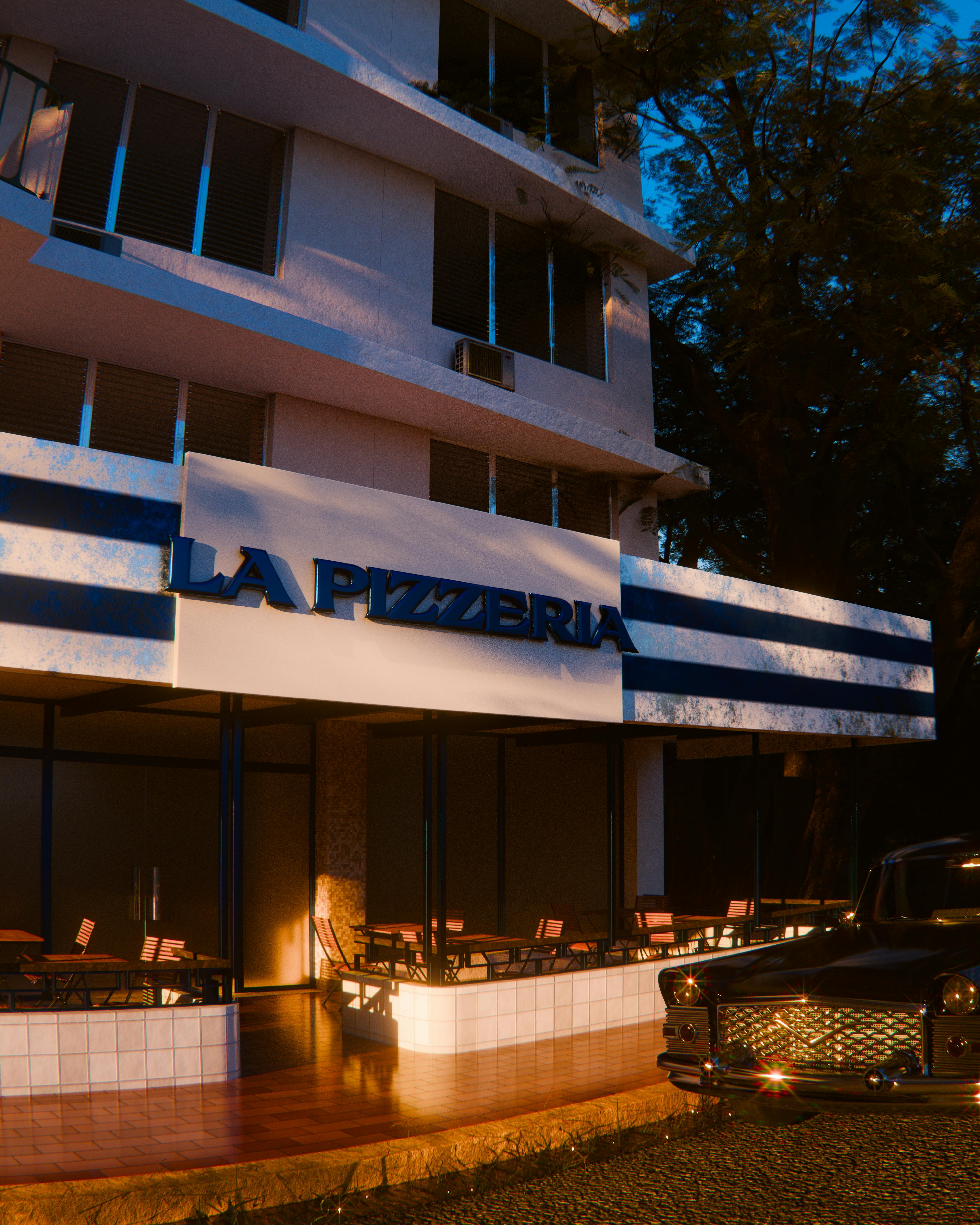 Gratis La facciata di una pizzeria d'epoca illuminata dalla luce della sera, con un'auto d'epoca in primo piano. Foto a disposizione