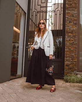 Fashionable woman in elegant outfit standing in front of stylish doors.