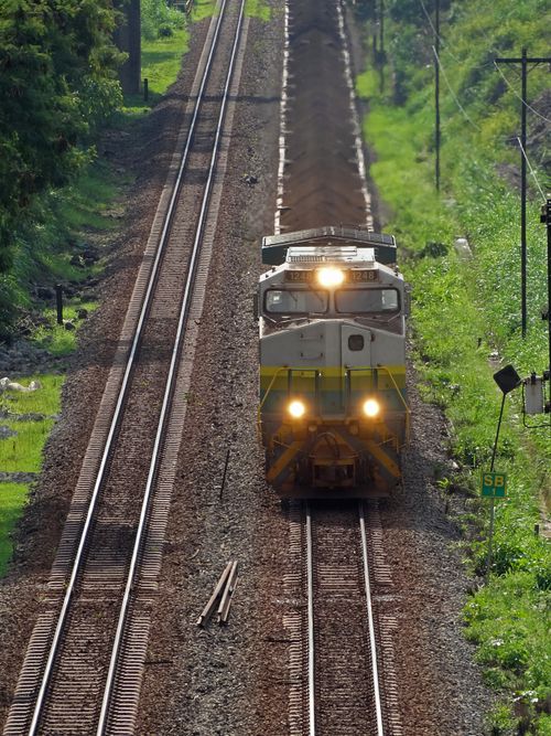 Free Freight train traveling on a railway line through lush greenery in Timóteo, Brazil. Stock Photo