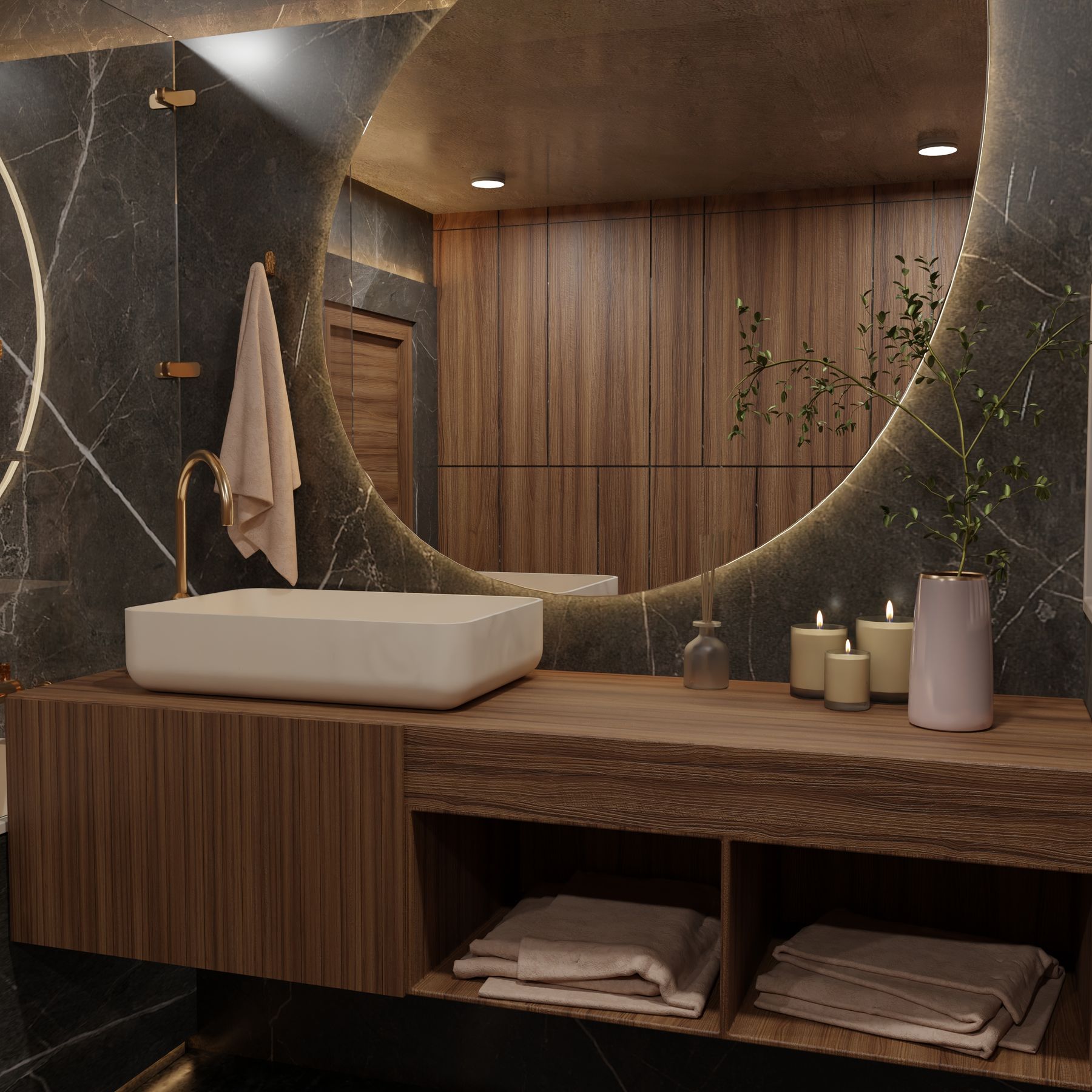 Bathroom vanity with round mirror and balanced surrounding light