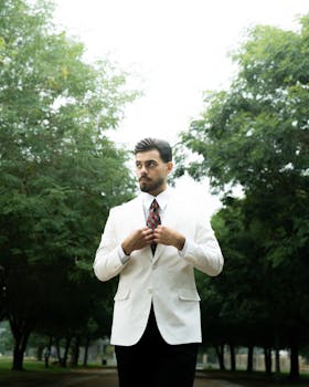 Man in a white suit adjusting tie, standing confidently outdoors.