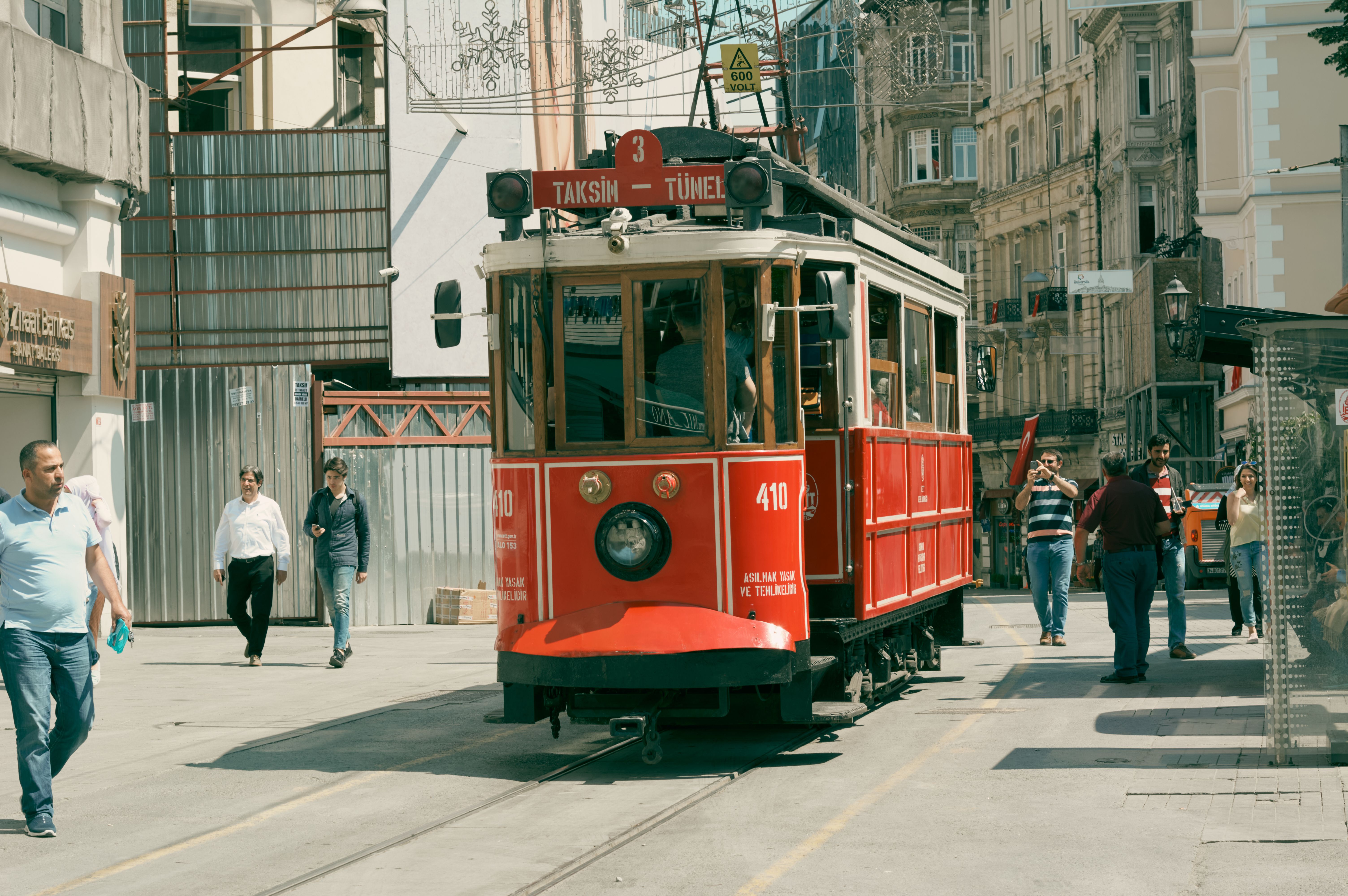 Athens red tram Syntagma square daytime
