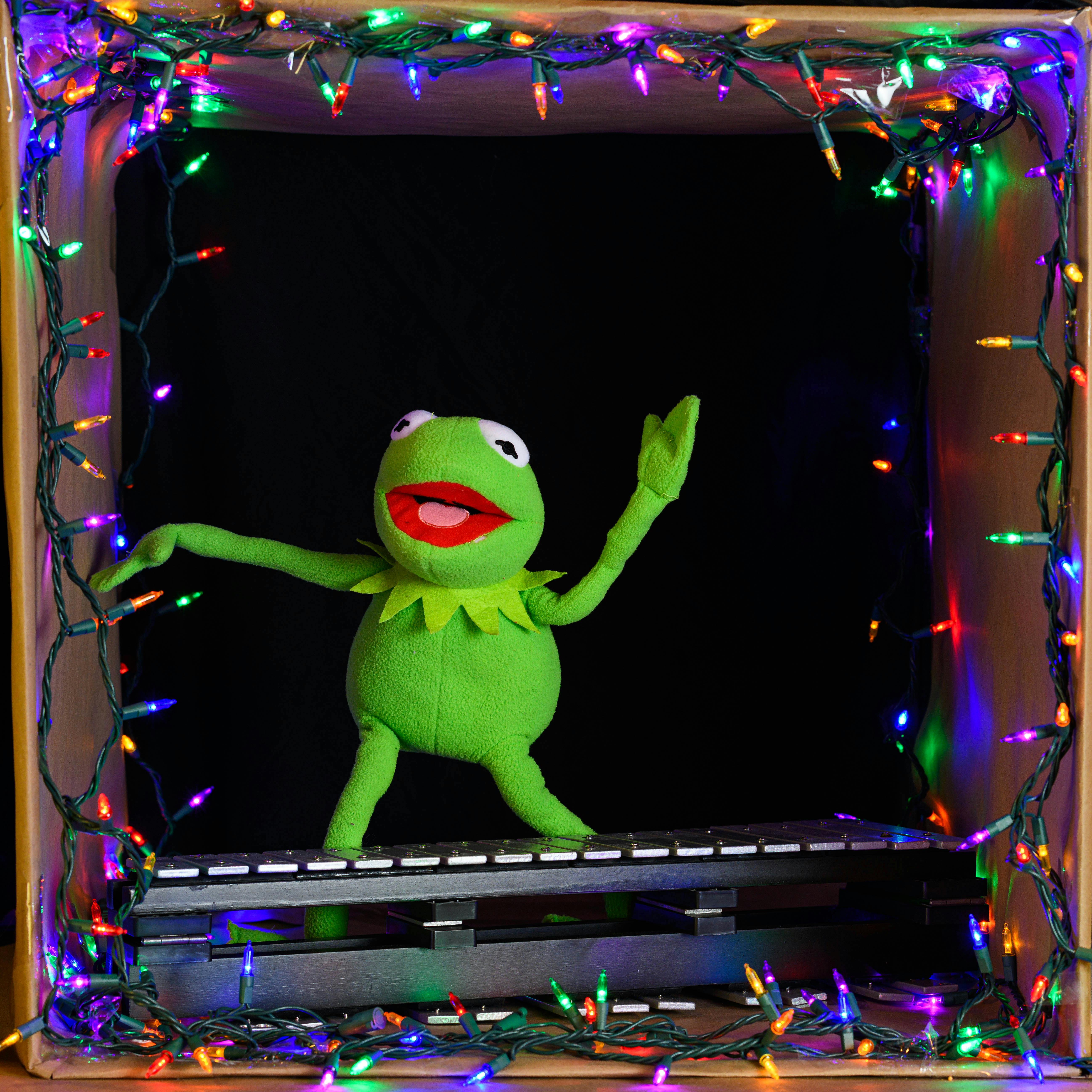 Ücretsiz Renkli yılbaşı ışıklarıyla süslenmiş yeşil bir kuklanın yer aldığı, canlı bir kukla gösterisi sahnesi. Stok Fotoğraflar