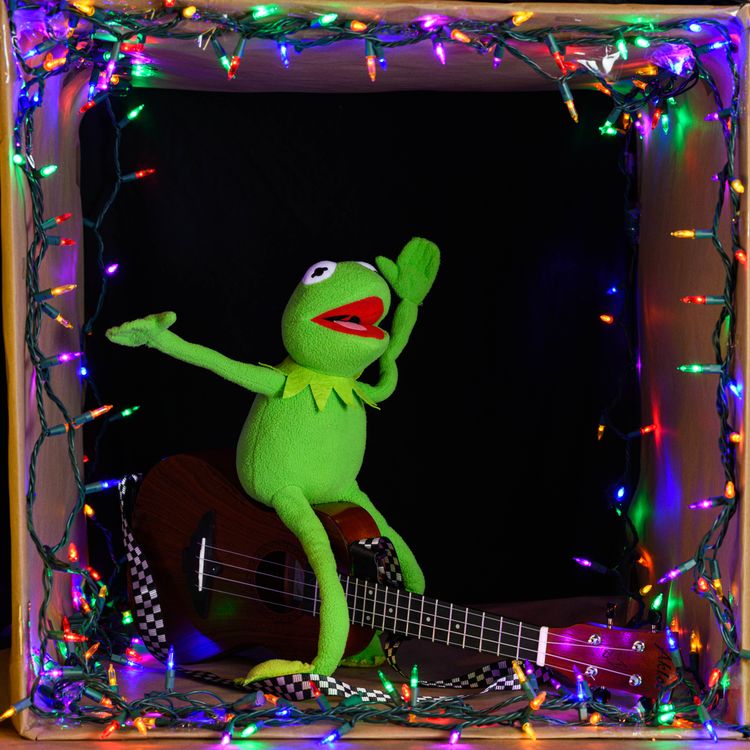 Kermit the Frog with Ukulele and Festive Lights · Free Stock Photo