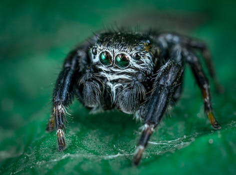 特写镜头捕捉了绿叶上毛茸茸的跳跃蜘蛛，展现了其复杂的细节