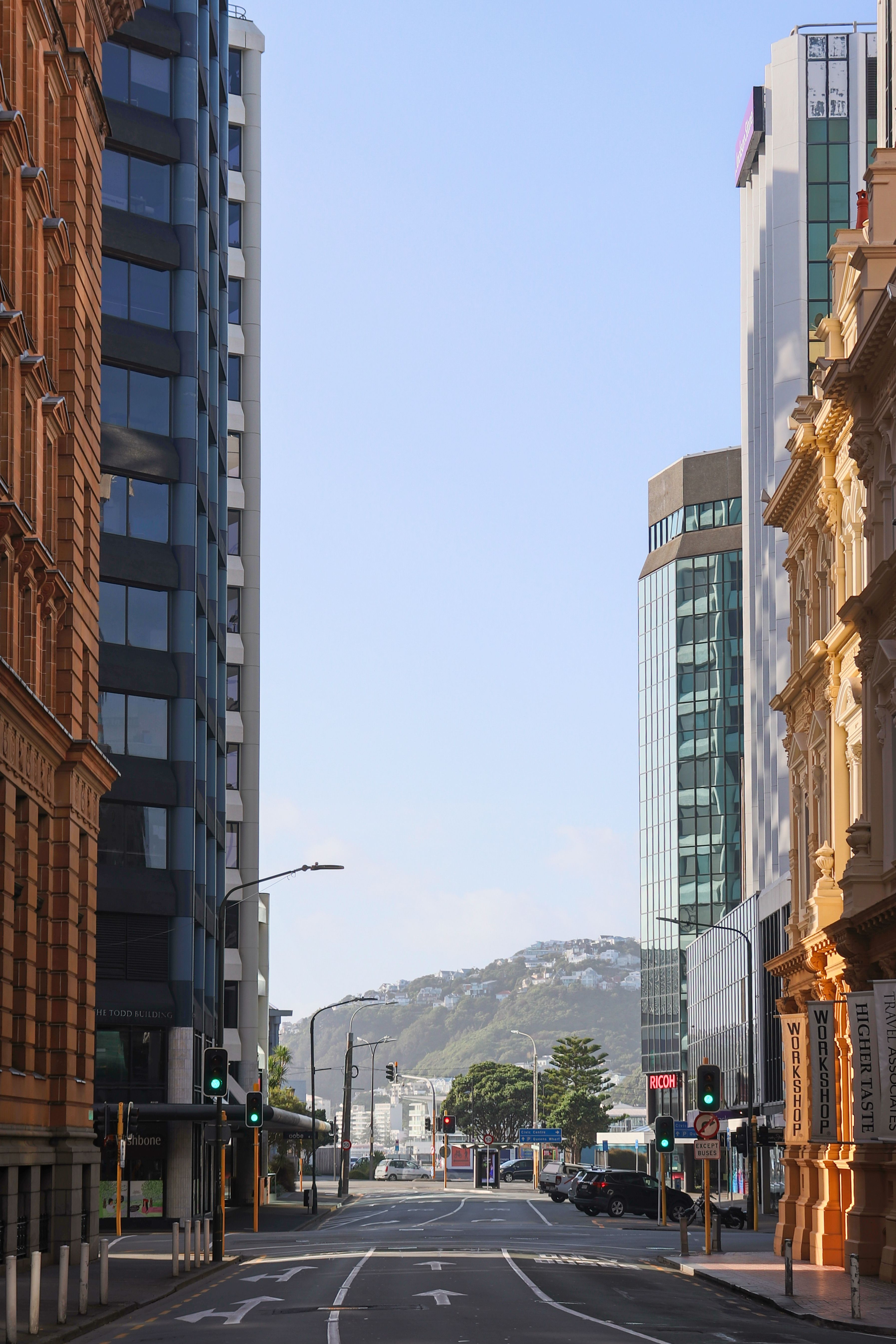 A city street in Wellington surrounded by modern skyscrapers on a sunny day.
